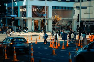 Queen Street in Auckland city busy with traffic and construction creates noise pollution